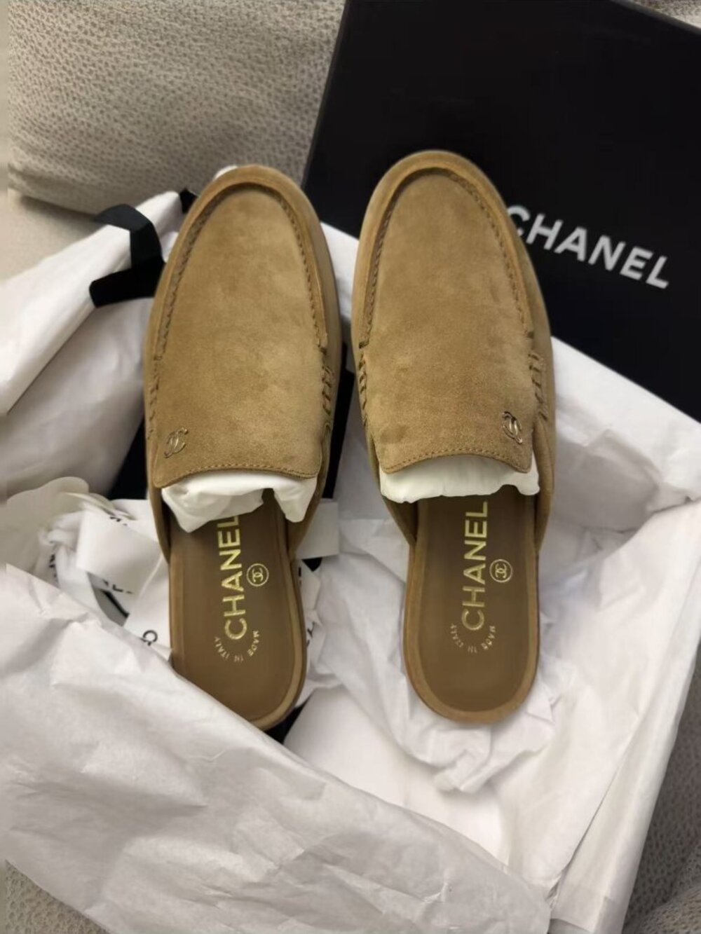 Chanel Tan Suede Slip-On Mule Loafers